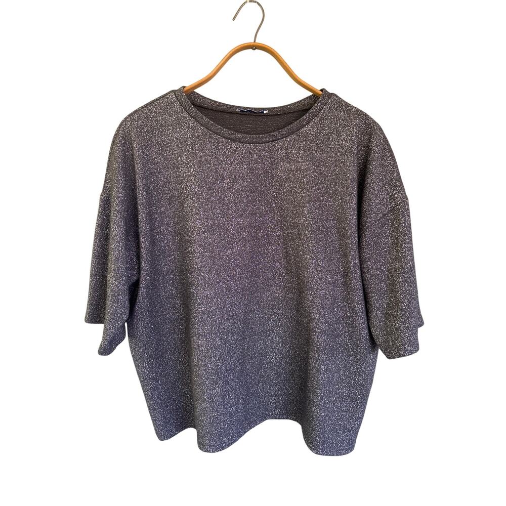 Zara Knit Short Sleeve Sweater Top Gray Silver Metallic XL Oversized Dolman